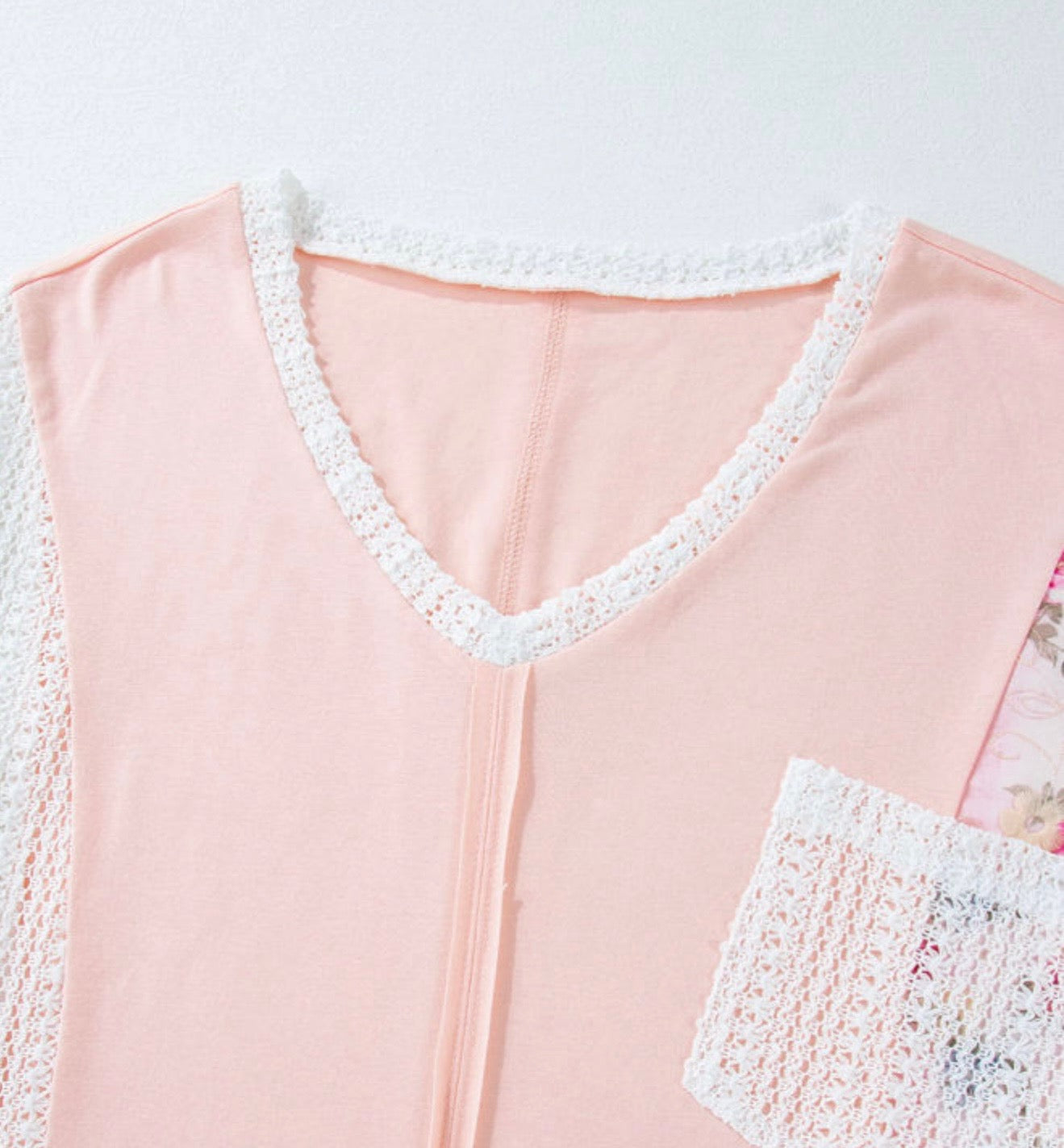 Pink Lace Patchwork Top with Bat Wing Sleeve