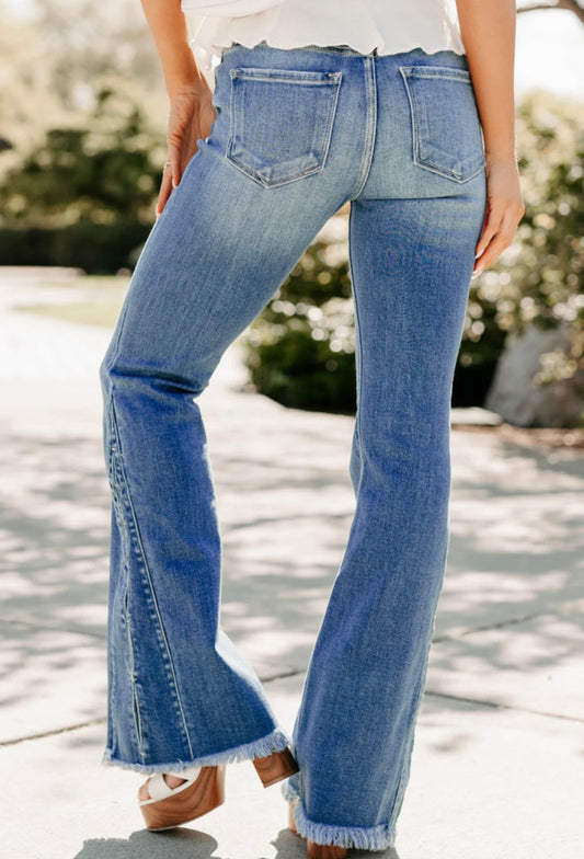 Frayed Hem Wide Leg Jeans with Side Seam Details