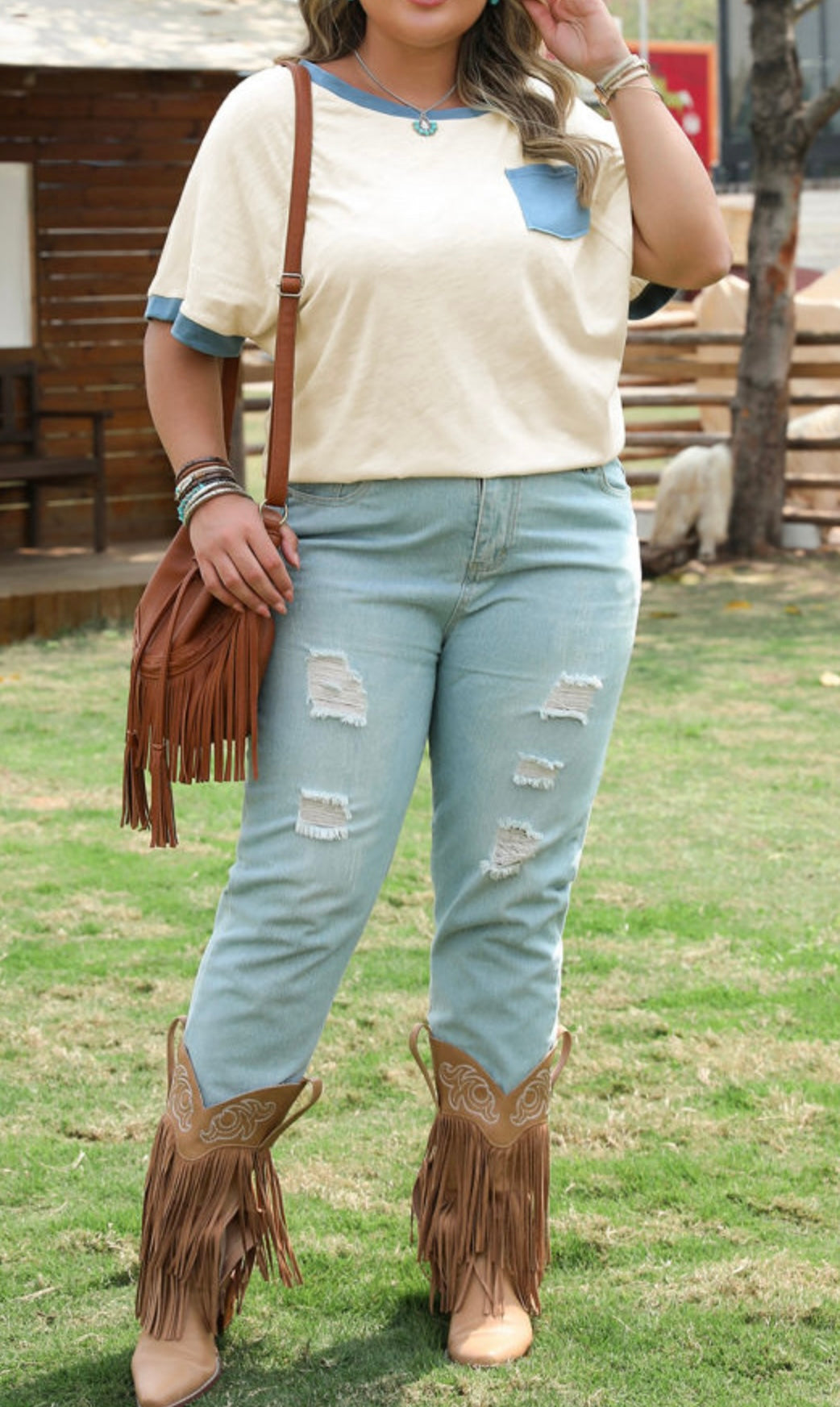 Ivory Top with Blue Pocket and Trim