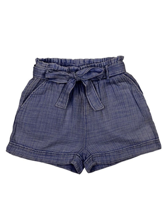 SS Blue Paper Bag Waist Style Mineral Washed Shorts with Tie Belt