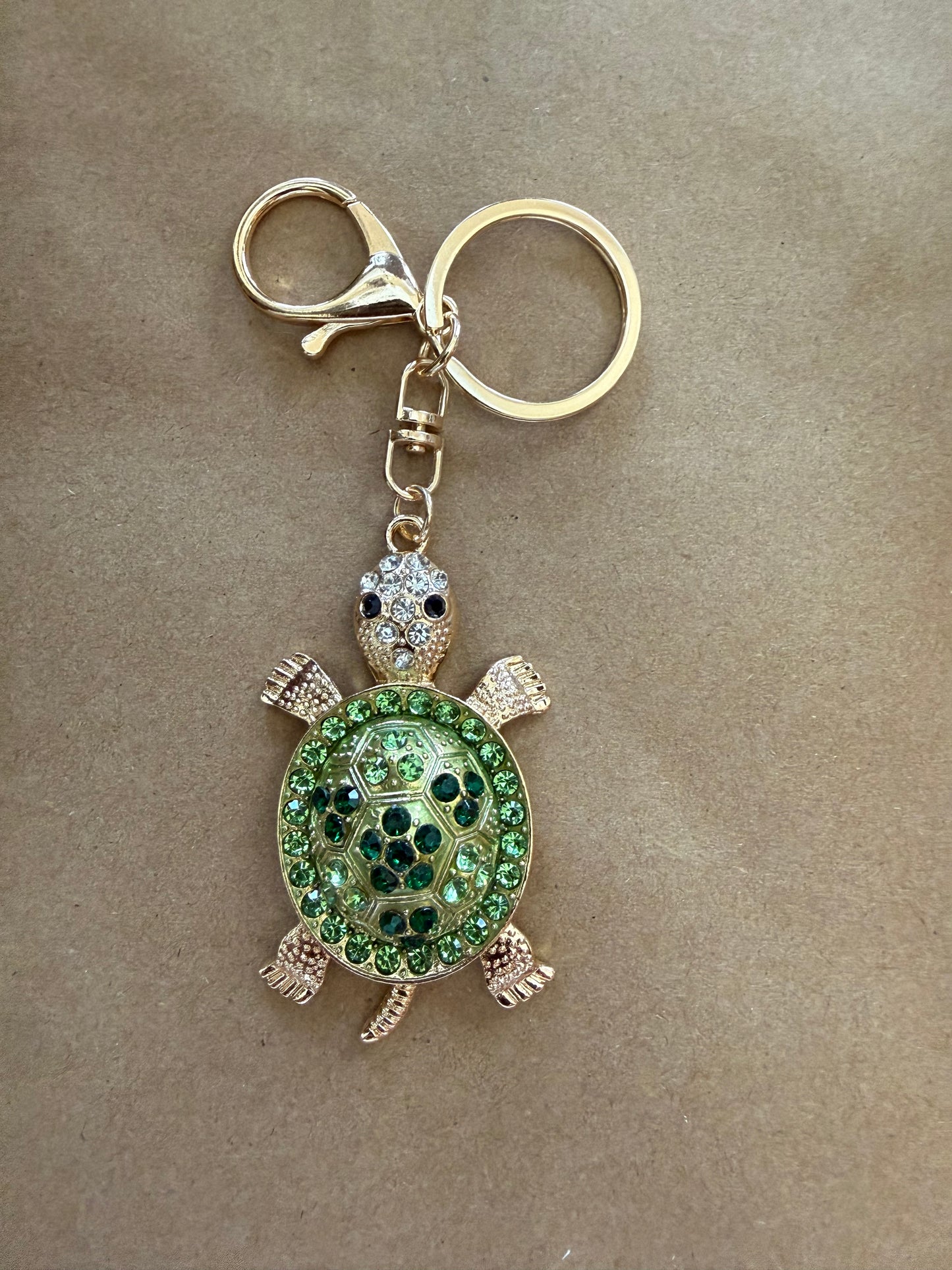 J40 Turtle Key Ring Bag Charm with Green Rhinestones