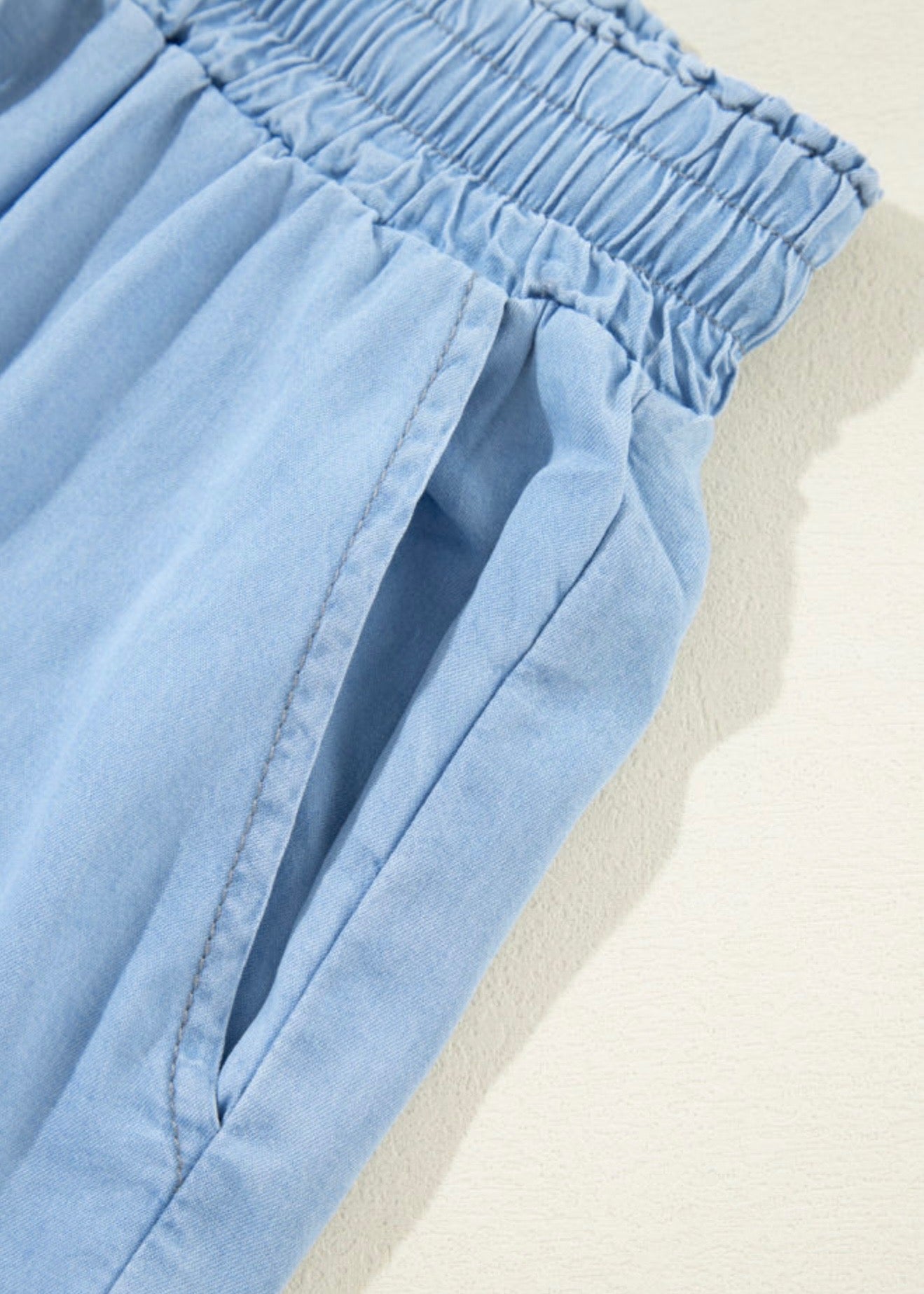 Blue Wide Leg Acid Wash Elastic Waist Pants