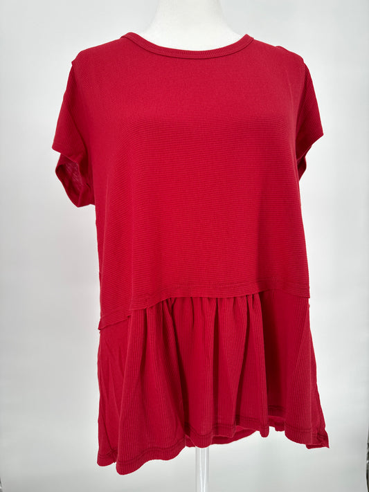 Red Umgee Ribbed Knit Top with Ruffled Bottom