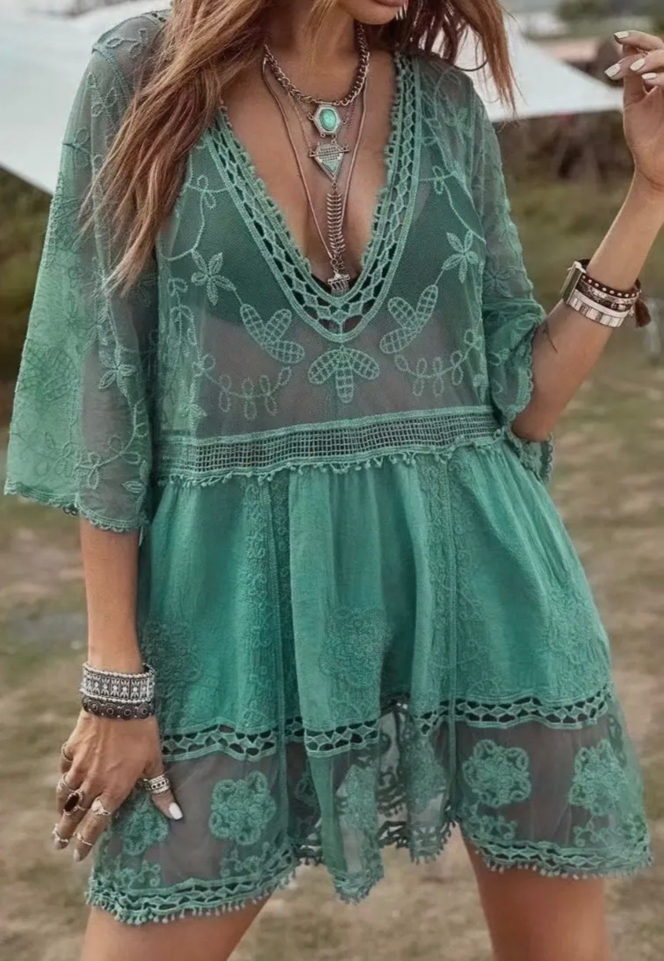 Lace Embroidered Crochet Cover Up Dress Shirt