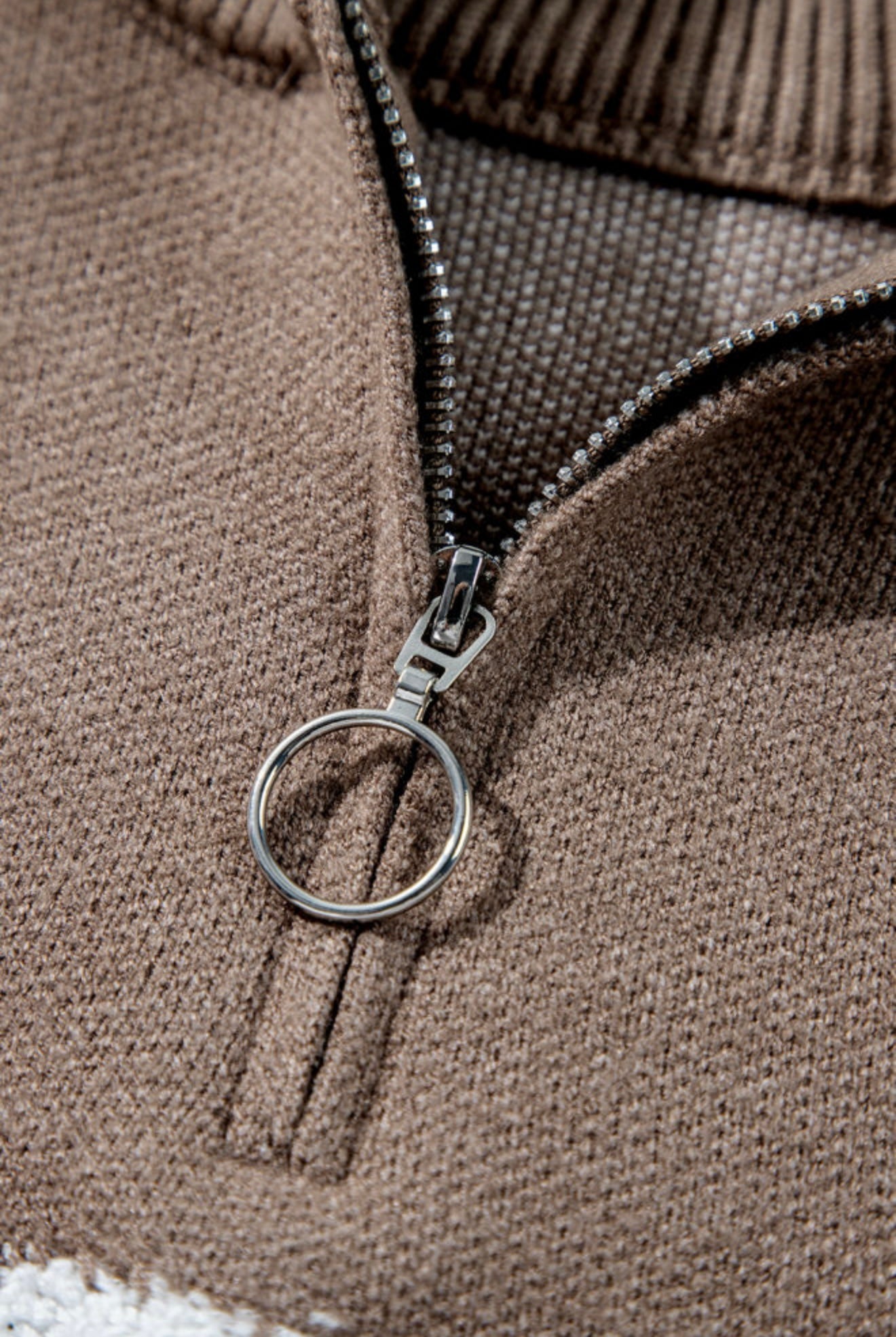 Brown Zipper Neckline Sweater with Flower Accents