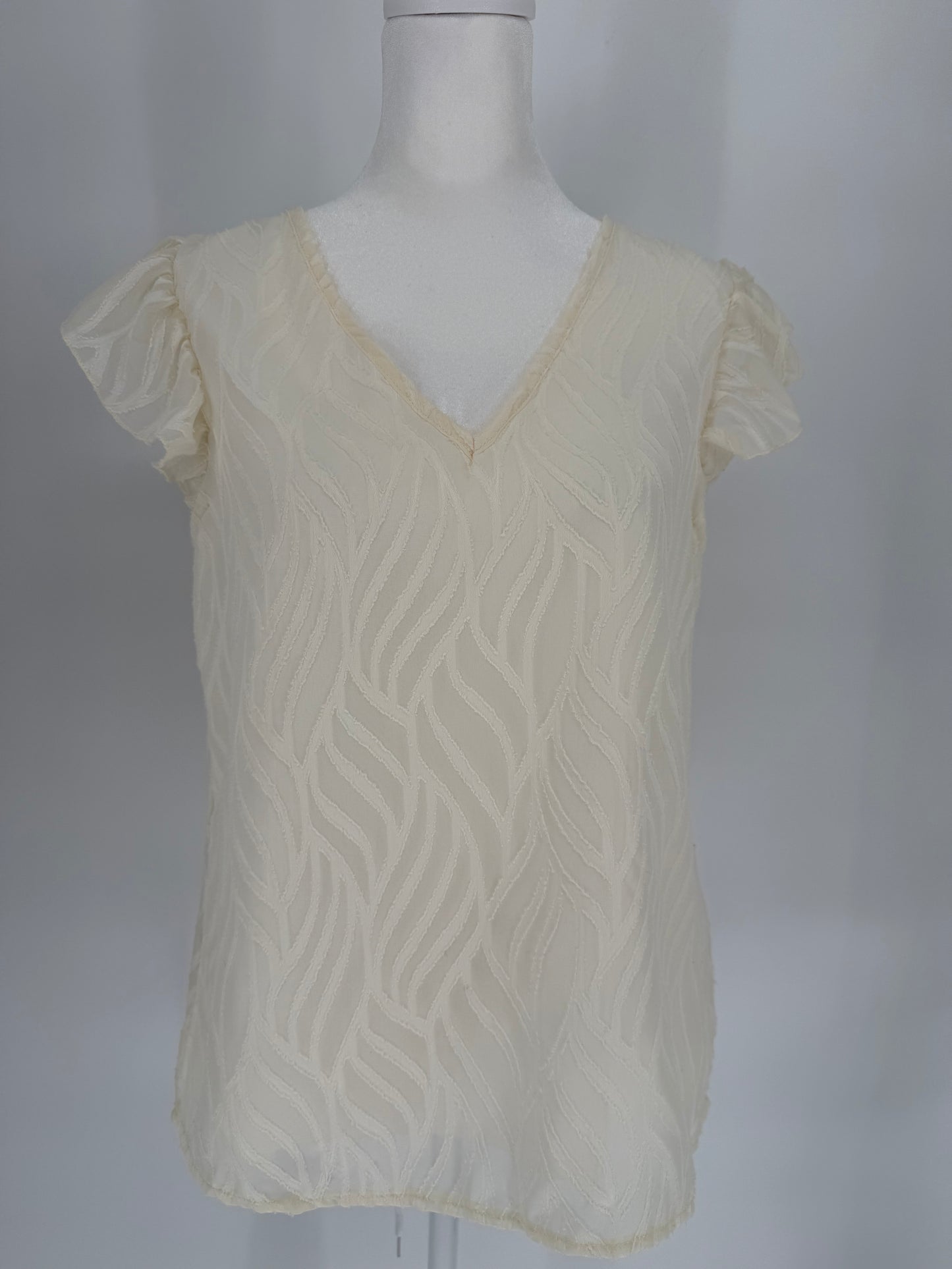 Ivory Cream Textured Top with Capped Flutter Sleeves and Lining