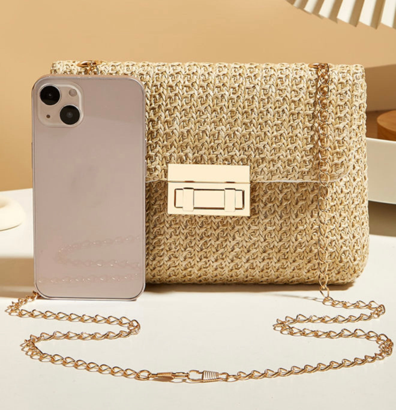 Basket Weave Purse with Gold Chain and Lock Closure