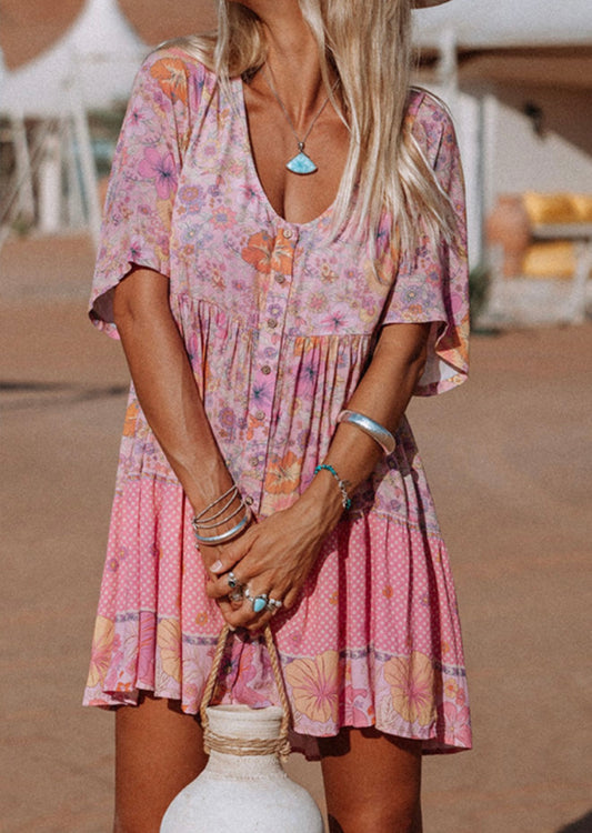 Pink Boho Style Baby Doll Dress with Buttons