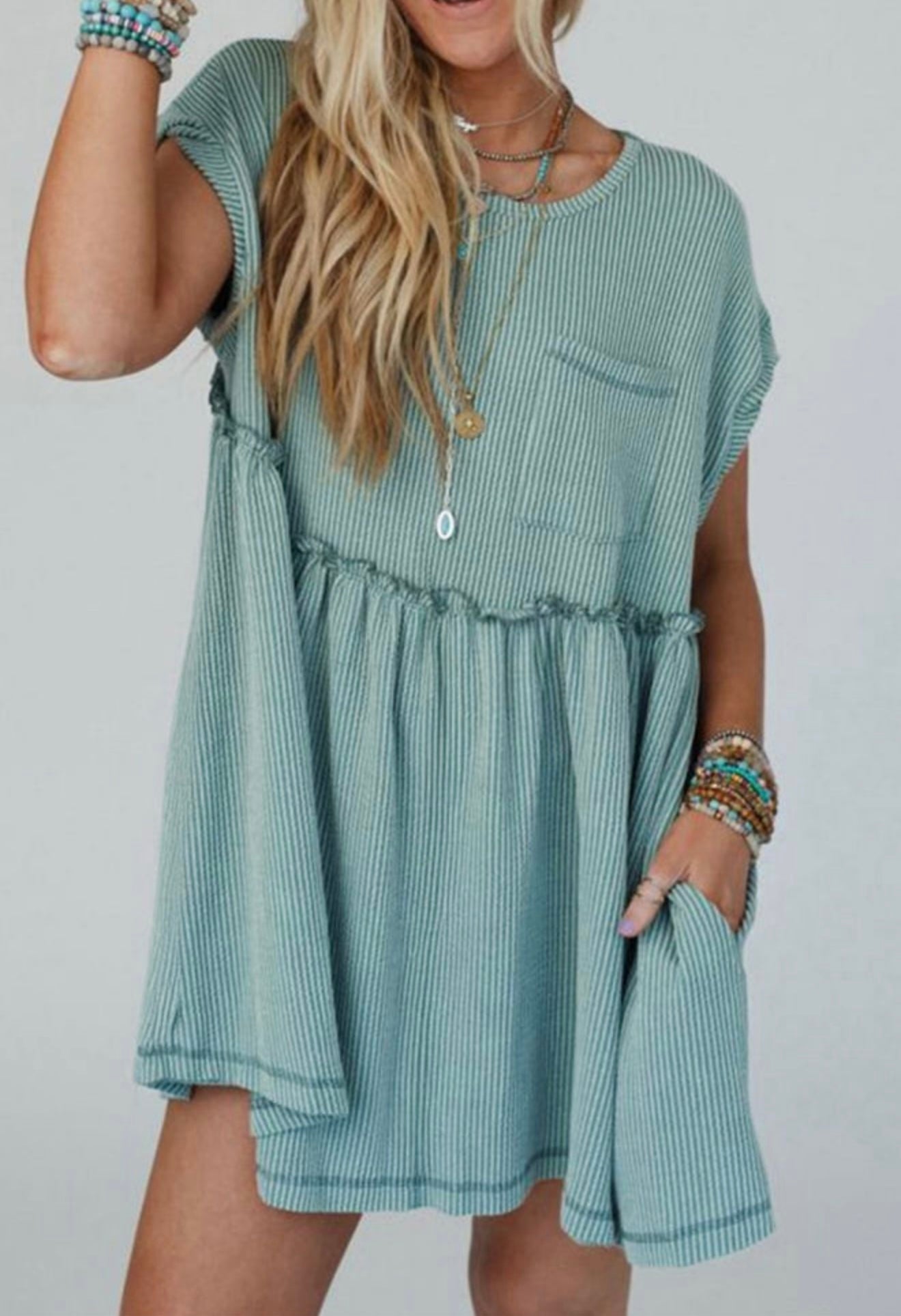 Ribbed Knit Blue Green Dress