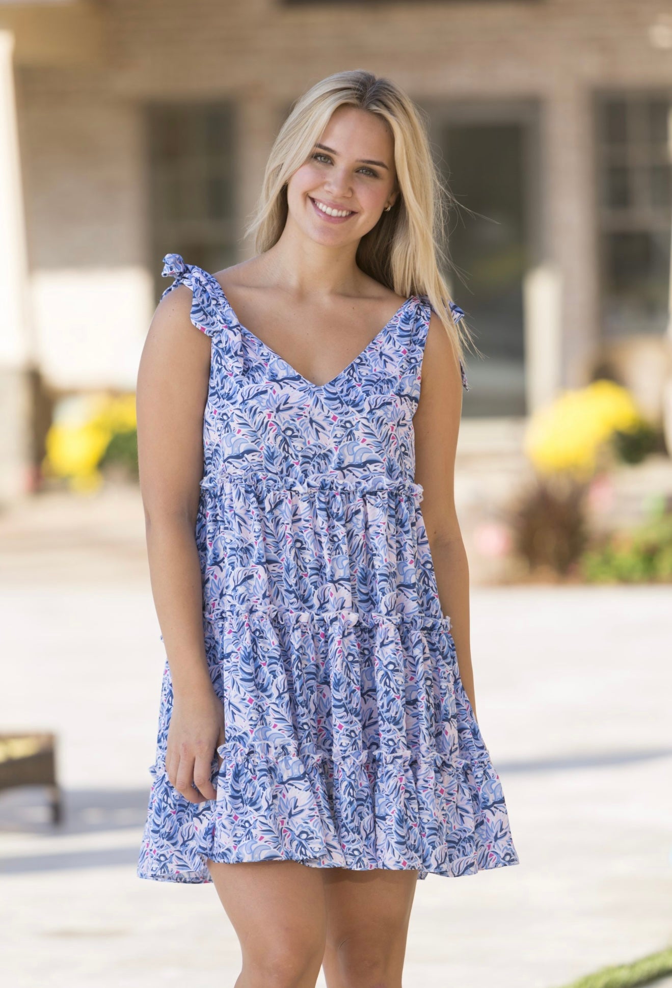 SS Blue and Pink Gathered Dress with Shoulder Ties