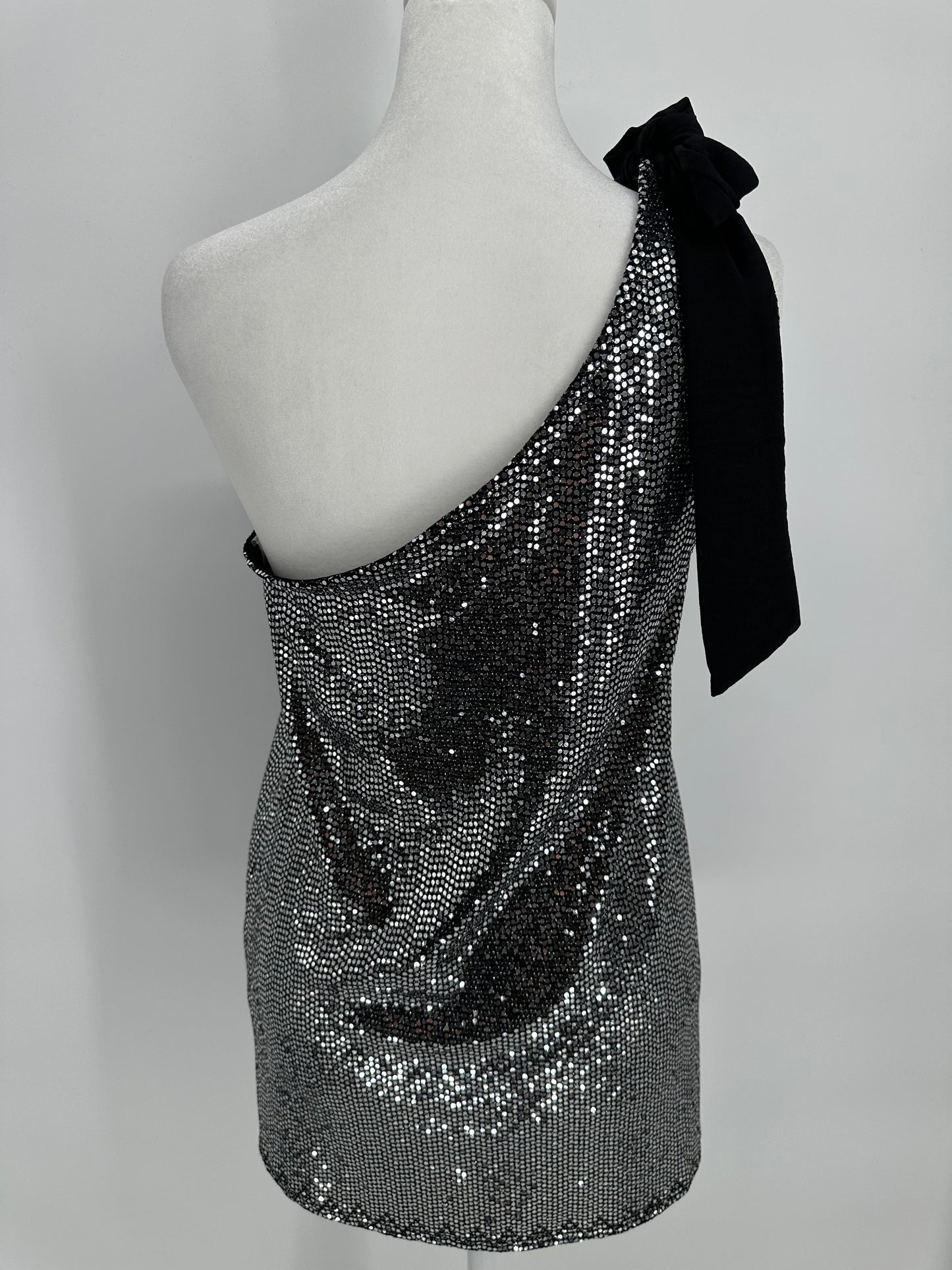 Black top with Silver Shimmer Sequins and One Shoulder Tie