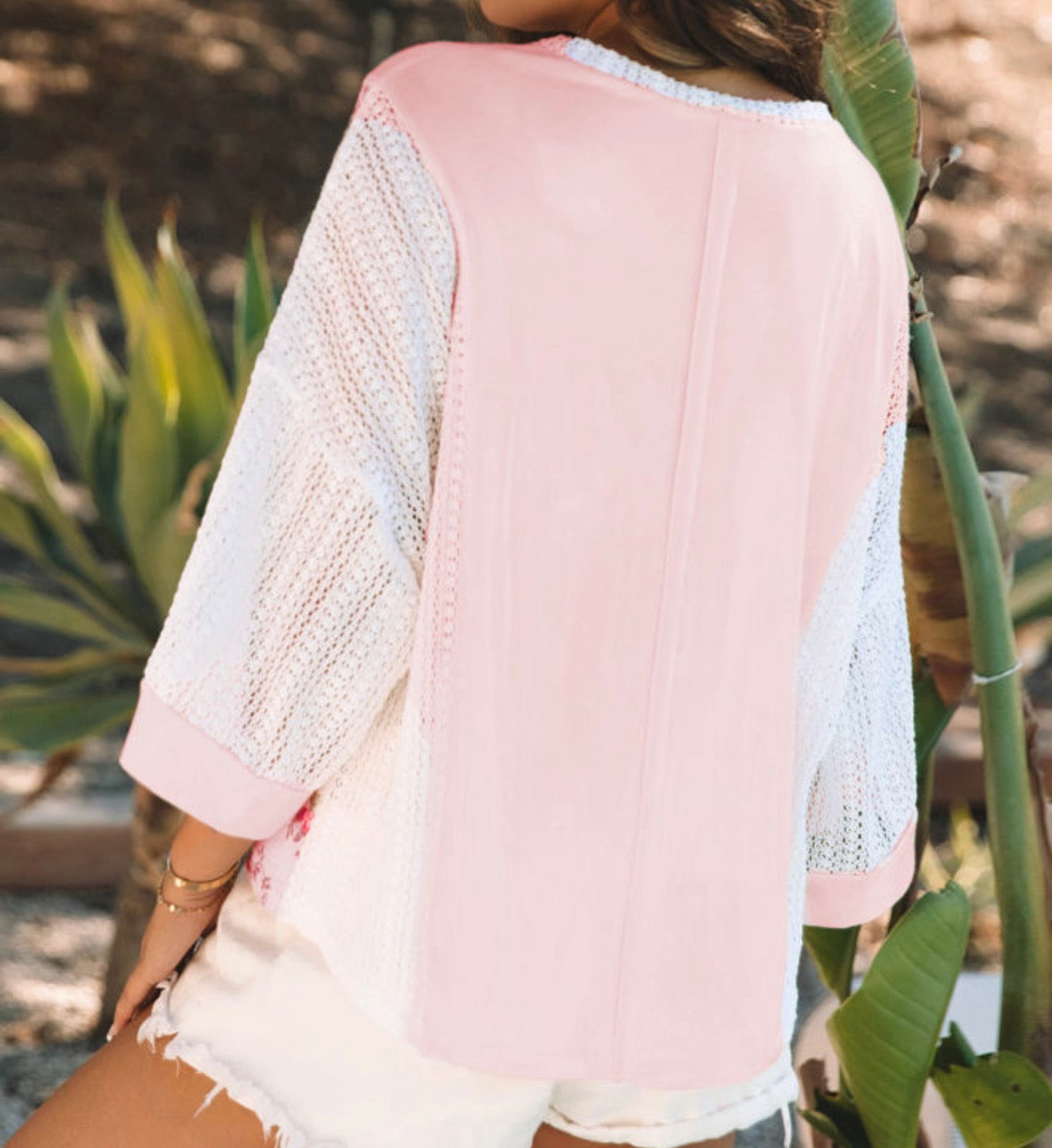 Pink Lace Patchwork Top with Bat Wing Sleeve