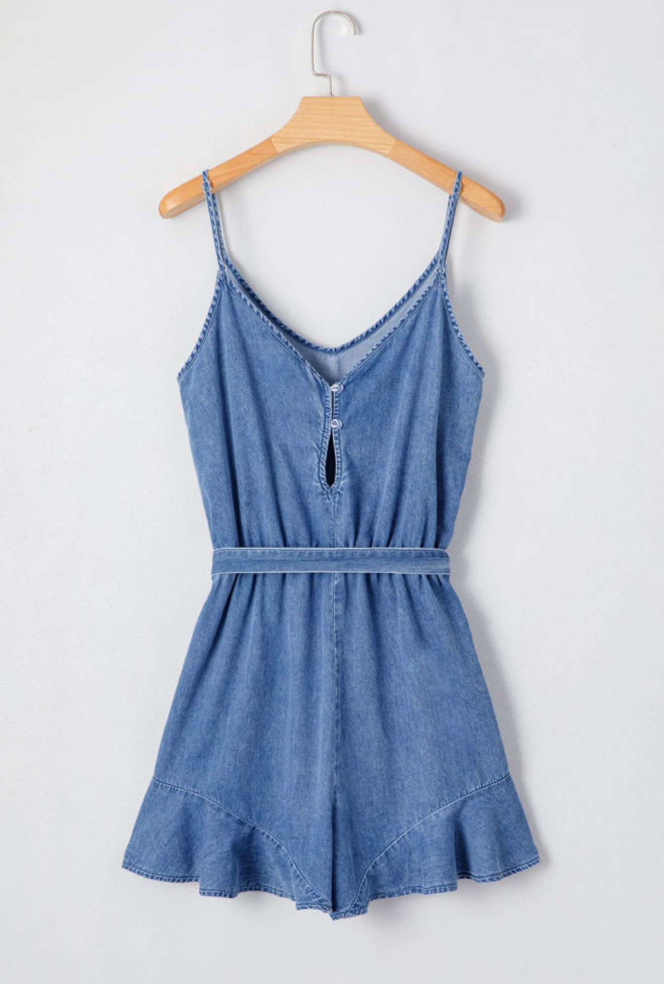 Blue Jean Romper with Ruffle Hem