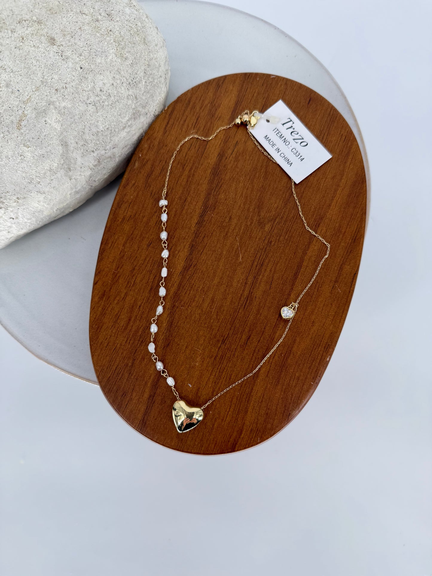 Trezo Gold Heart and Pearl necklace with Crystal Heart Accent