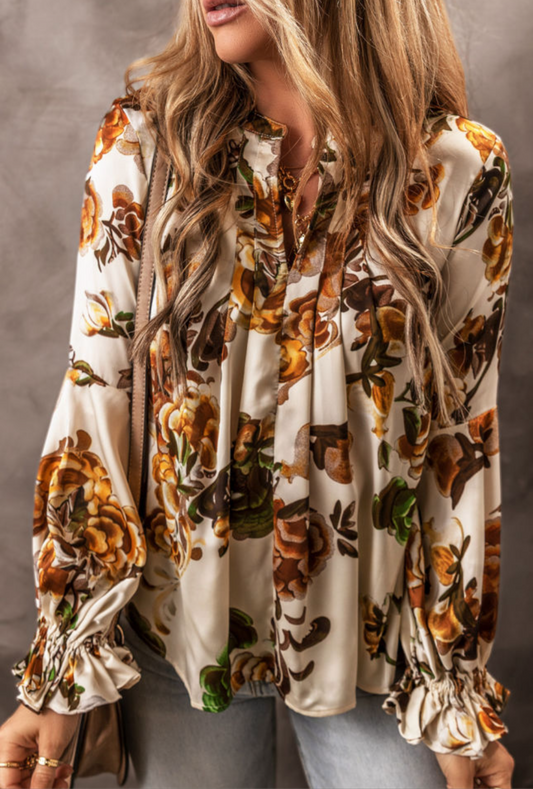 Floral Print Satin Blouse with Back Pleats and Ruffled Sleeve