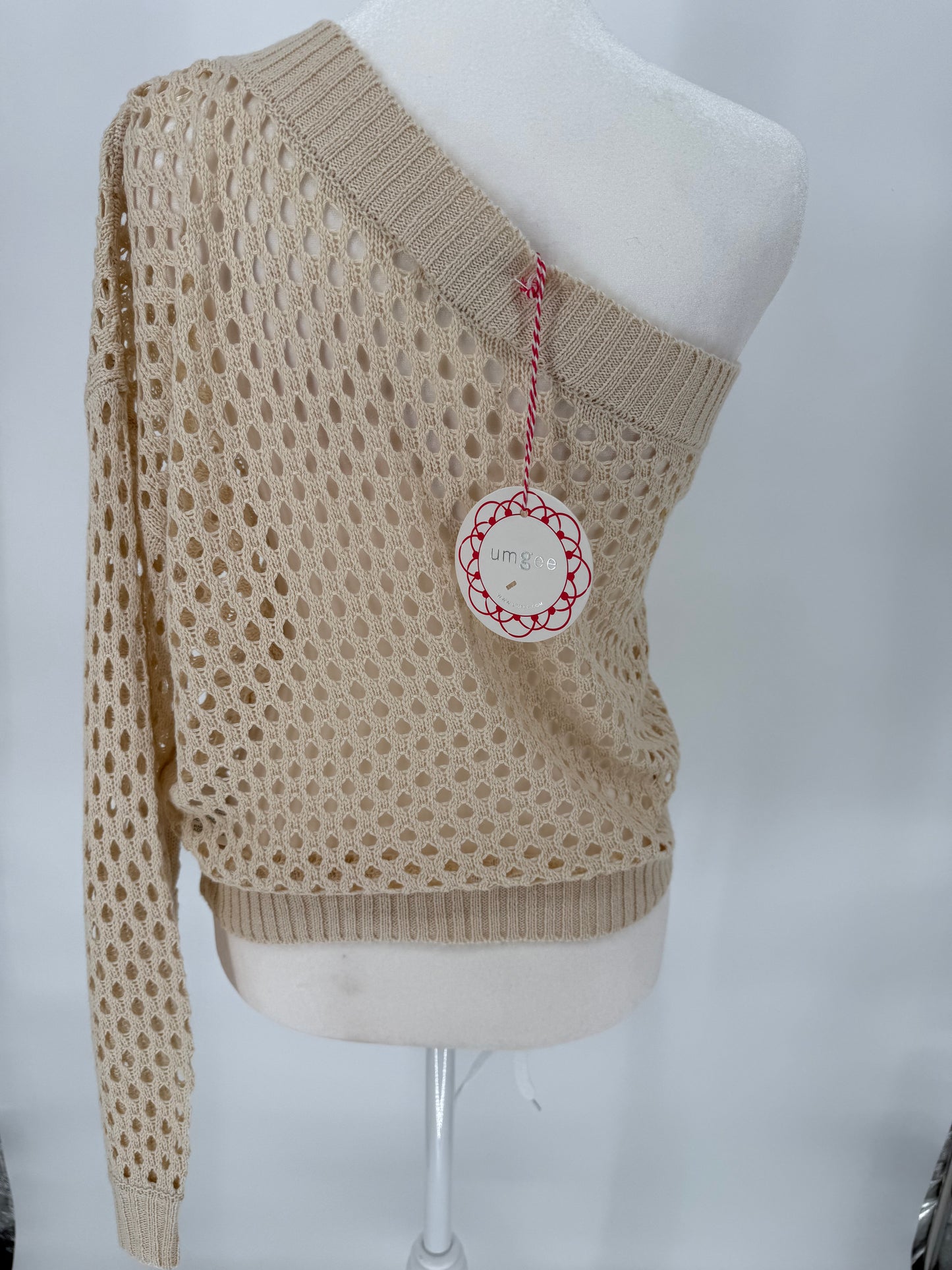 Umgee Beige One Shoulder Loose Weave Sweater