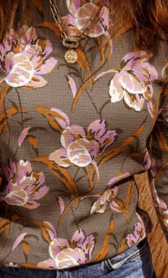 Brown floral top with All The Colors Of Fall and Button Cuff Details