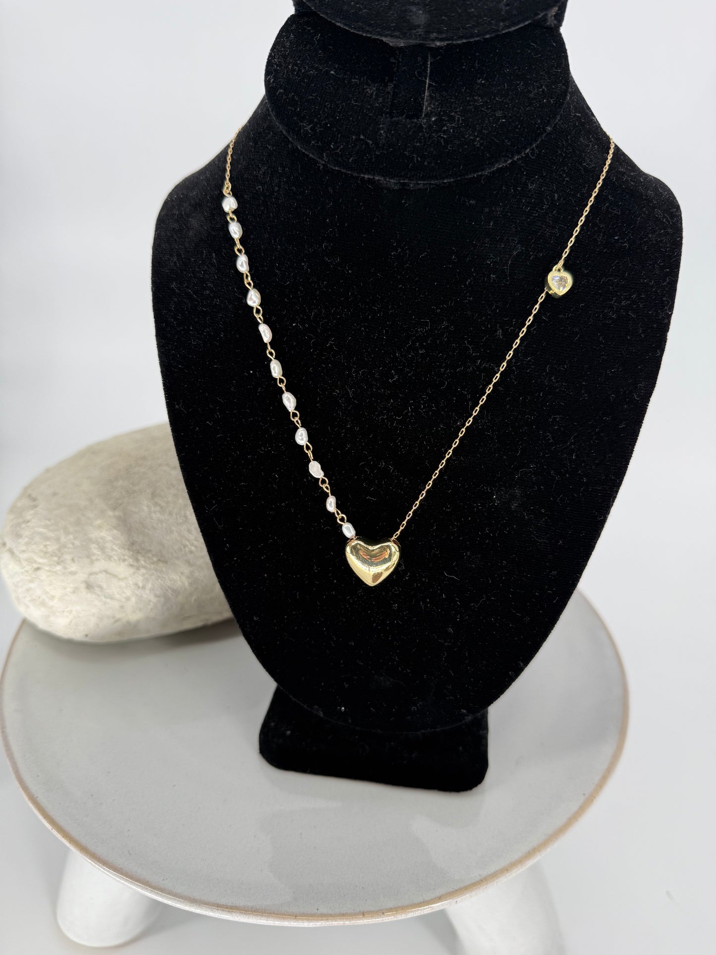 Trezo Gold Heart and Pearl necklace with Crystal Heart Accent