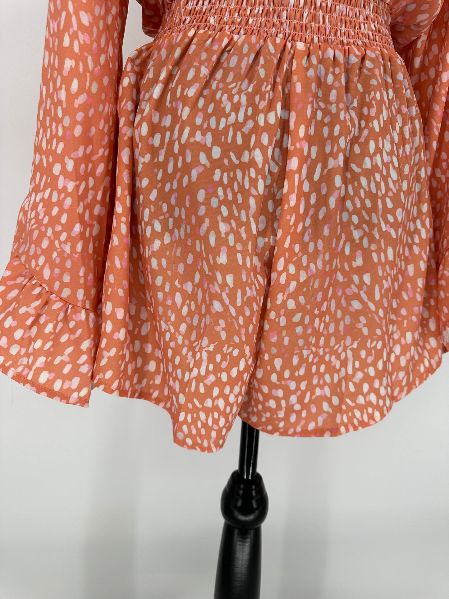 Orange Romper with Long Bell Sleeves and Cinched Elastic Waist