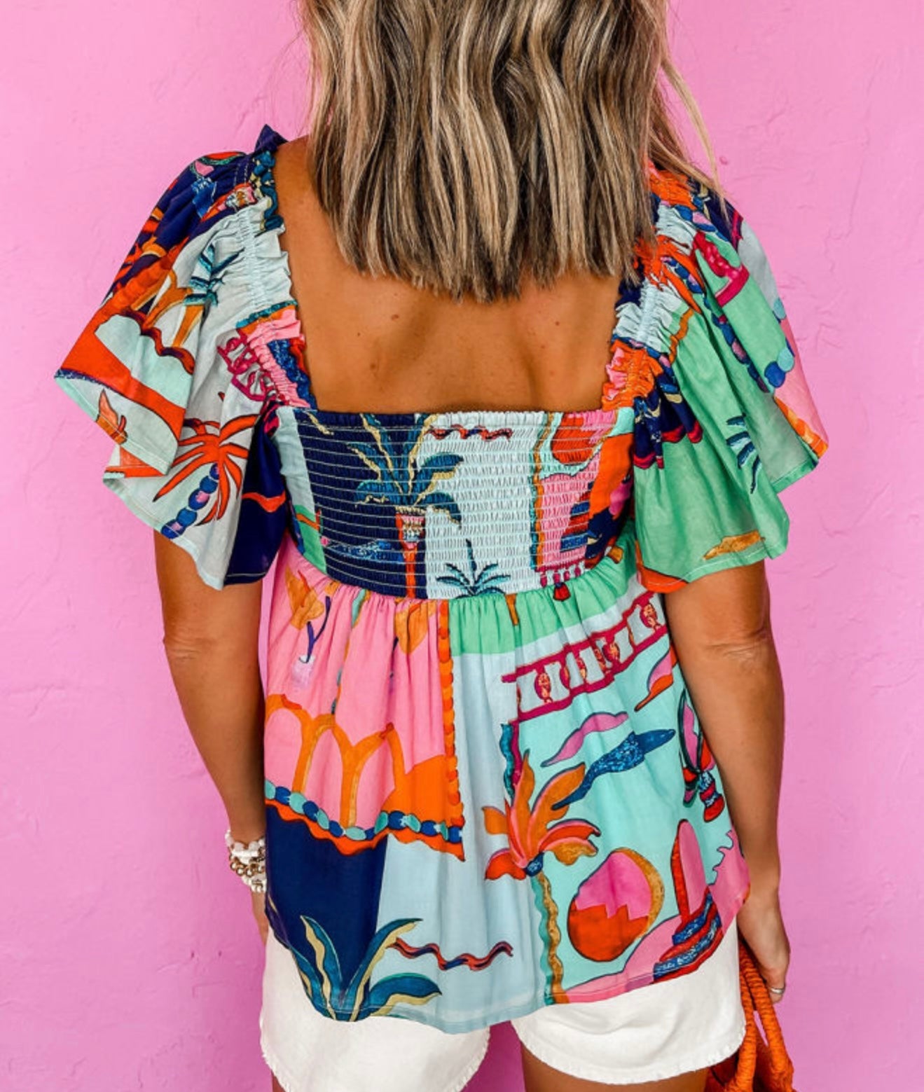 Multi Color Abstract Print Summer Top with Elastic Back