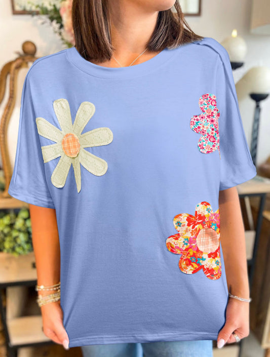Flower Appliqué Blue Top