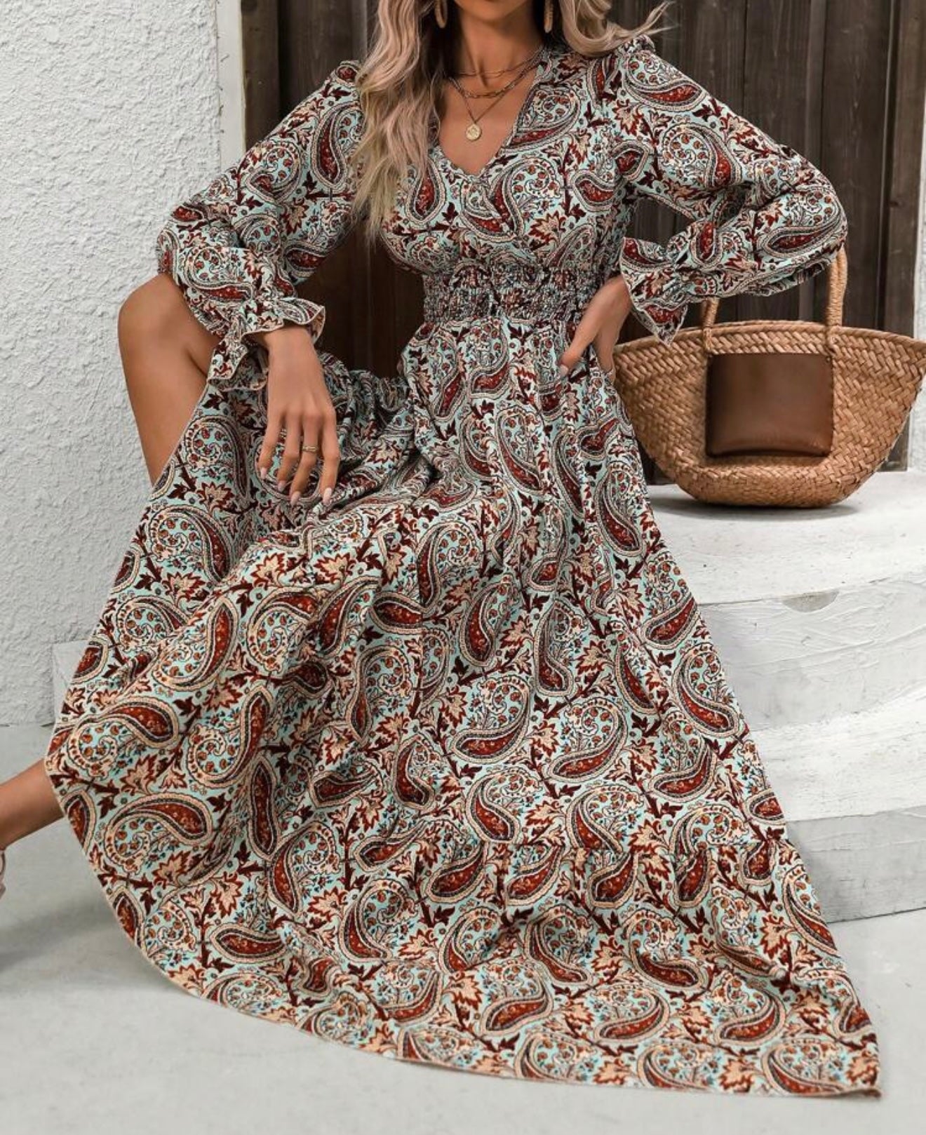 Paisley Print Long Sleeve Elastic Empire Waist Dress