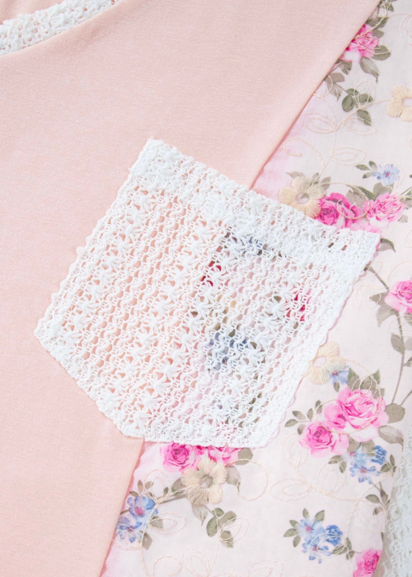 Pink Lace Patchwork Top with Bat Wing Sleeve