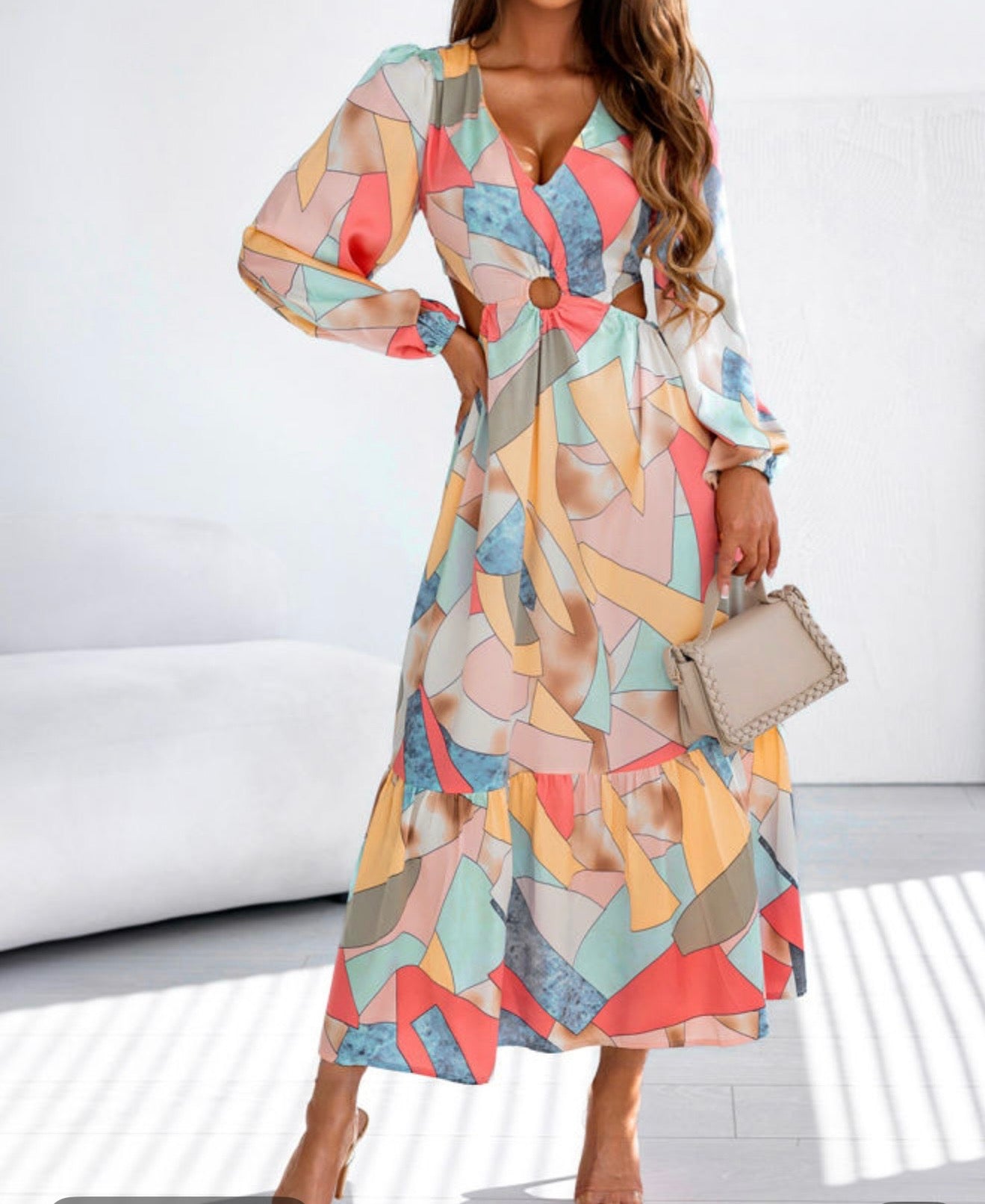 Multi Color Abstract Print O-Ring Accent Dress with side cut outsi
