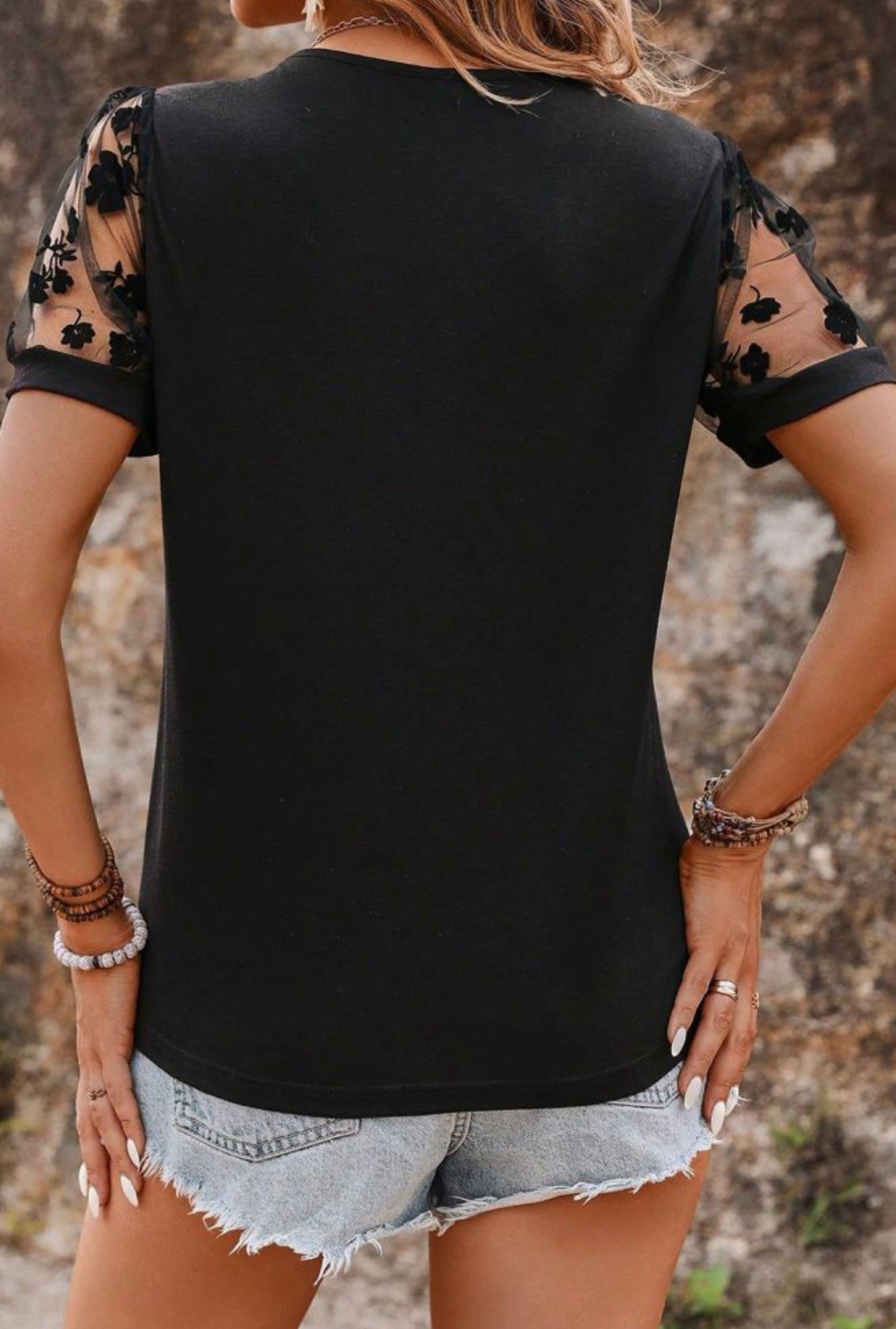 Black Top With Sheer Puff Sleeves and Neckline