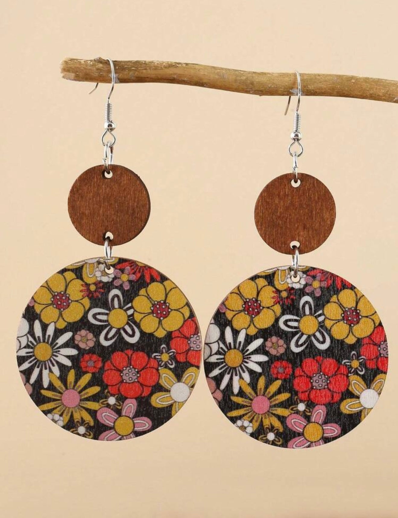 Fall Color Floral Wooden Disc Earrings