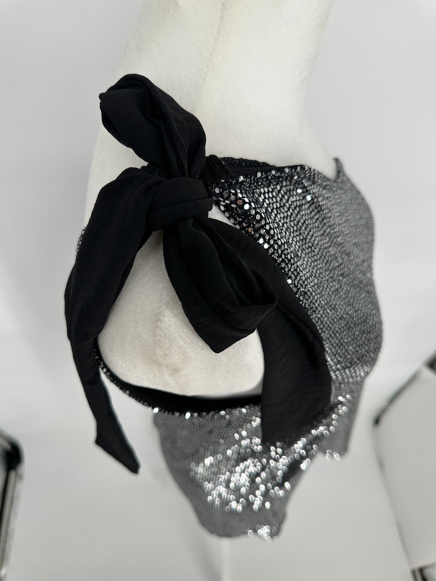 Black top with Silver Shimmer Sequins and One Shoulder Tie