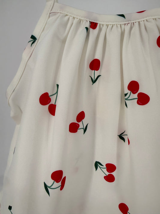 CH4 Infant Toddler White Spaghetti Strap Dress with Cherry Print and Ruffle Hem