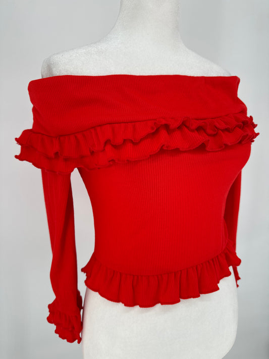Red Ruffled Crop Top 3/4 Length Sleeve