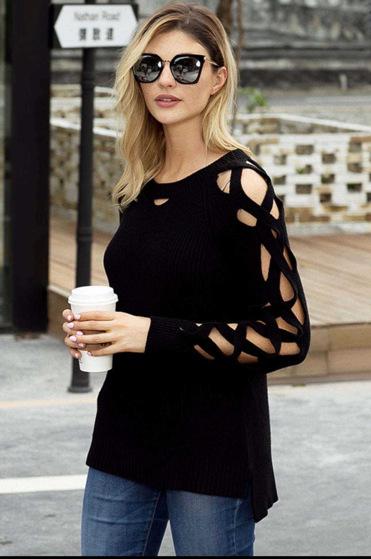 Black Sweater with Lattice Long Sleeves