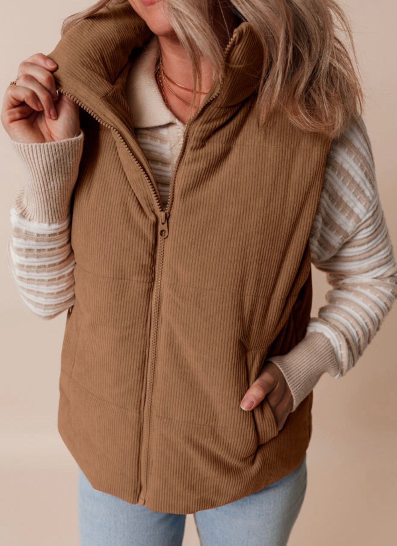 Brown corduroy zip up vest
