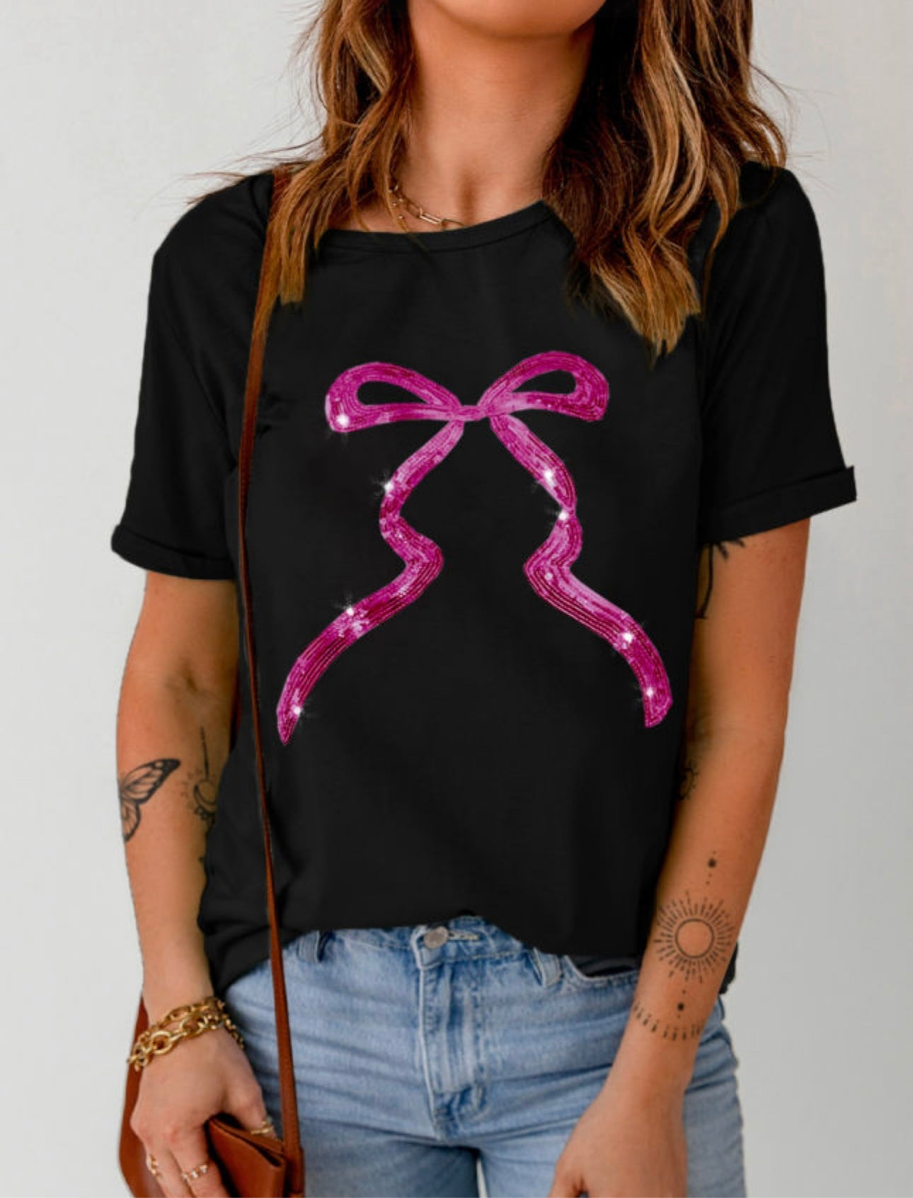 Black Shirt with Pink Sequin Bow