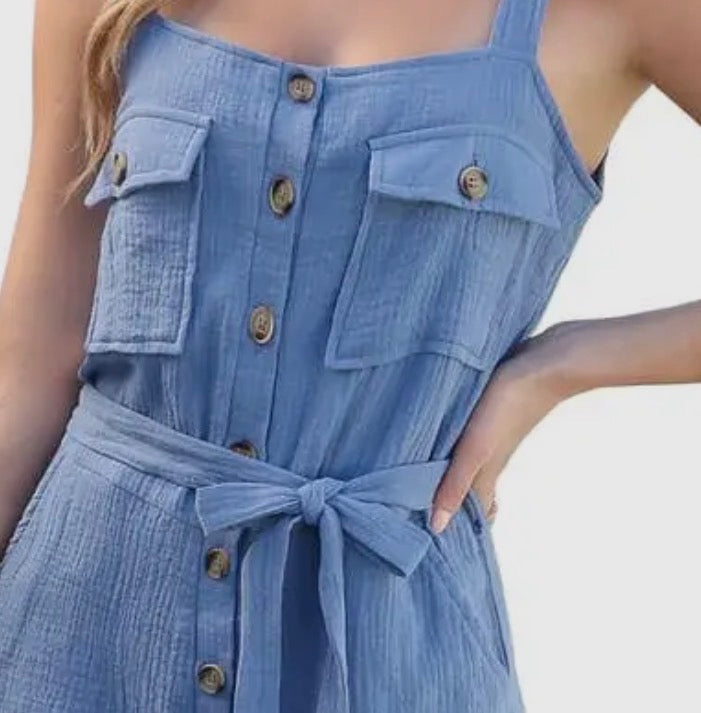 Ivy's Gifts & Boutique A117 button-down romper with flap pockets and tie waist, showing the stylish casual jumpsuit design.