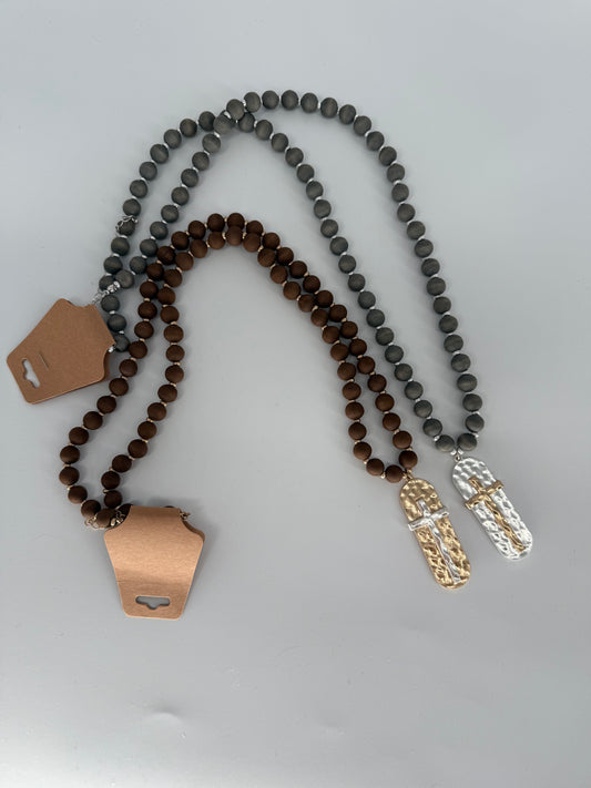 Wood Bead Two Tone Cross Necklace