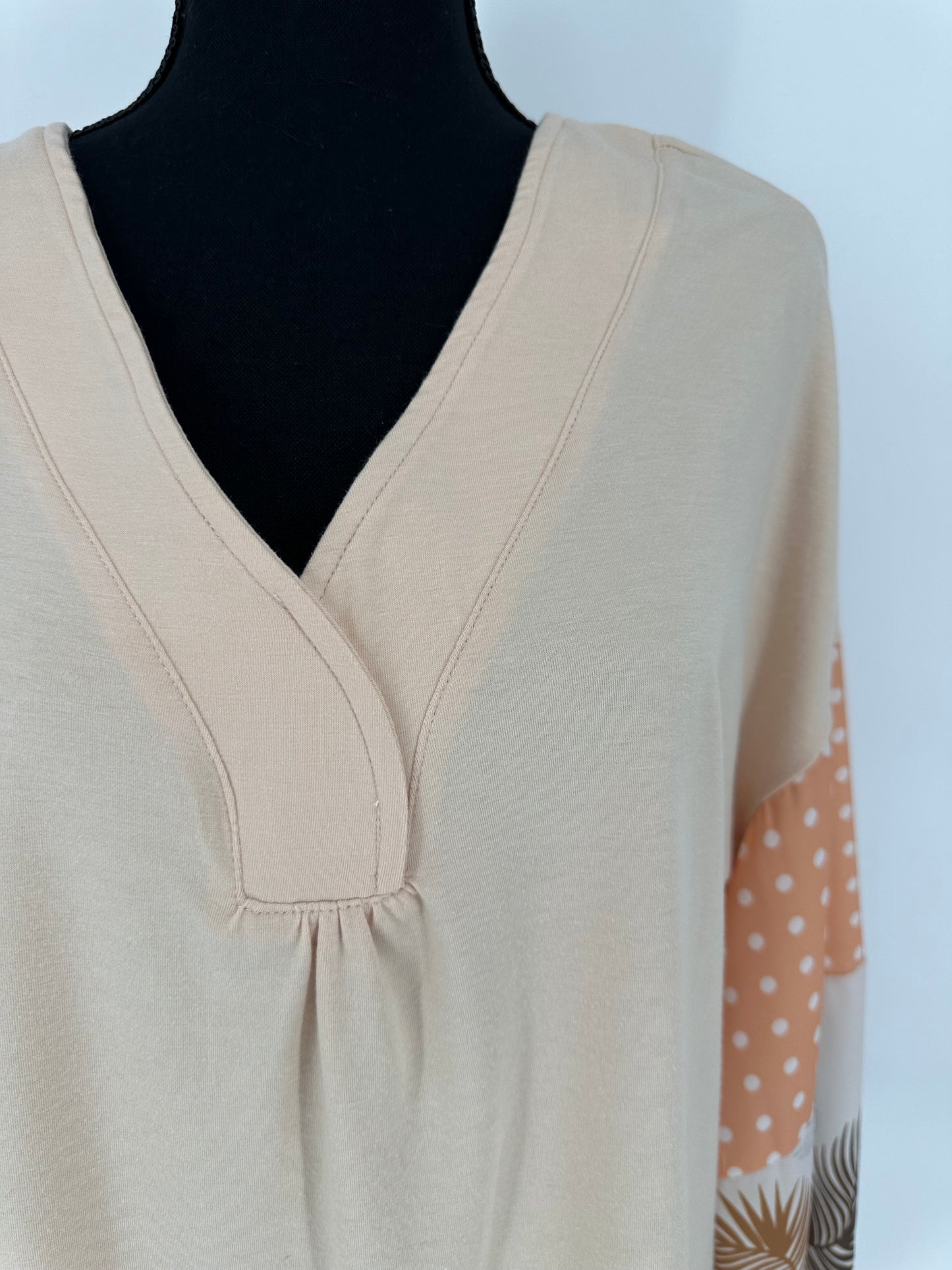 Beige Top with Printed Puff Sleeves Peach and Brown