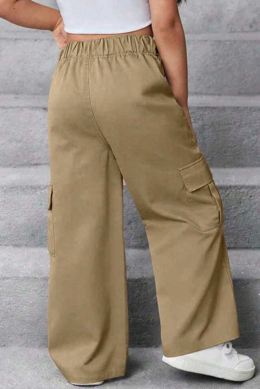 Khaki elastic waist pants with cargo and front pockets from Ivy's Gifts & Boutique, shown in a casual style.