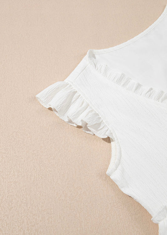 White V Neck Top with Ruffle and Cap Sleeves