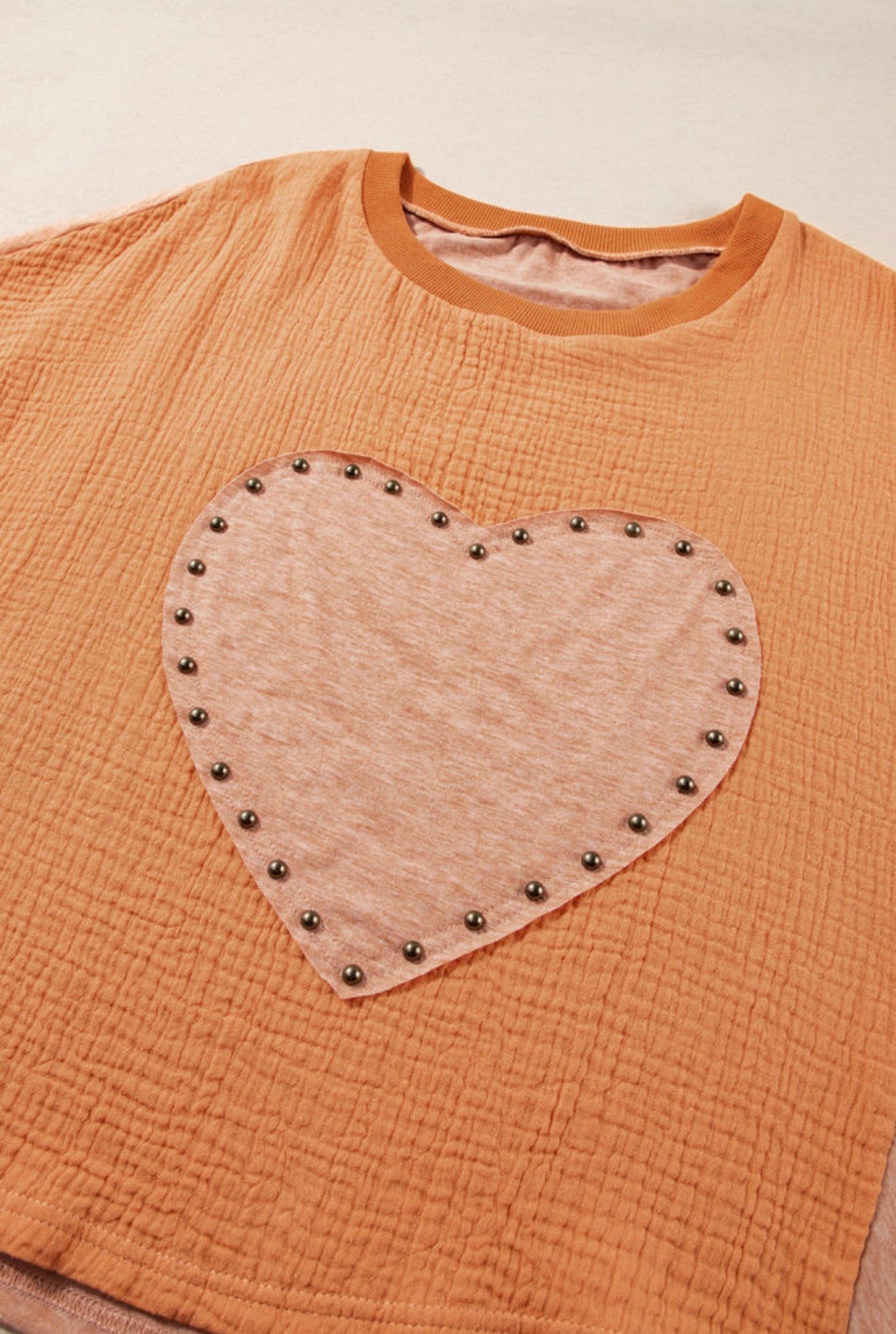Orange Stud Heart Patch Textured Top