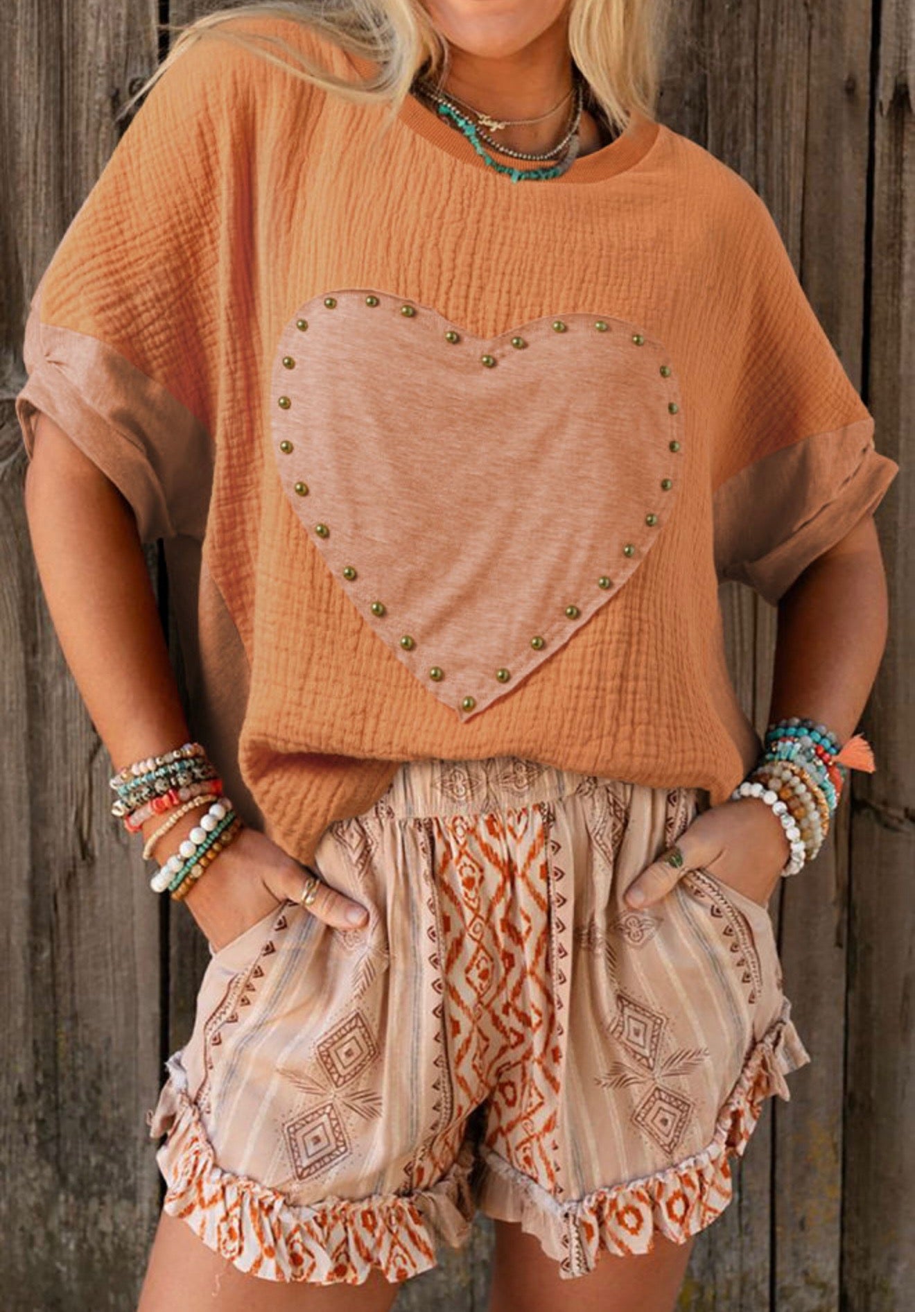 Orange Stud Heart Patch Textured Top
