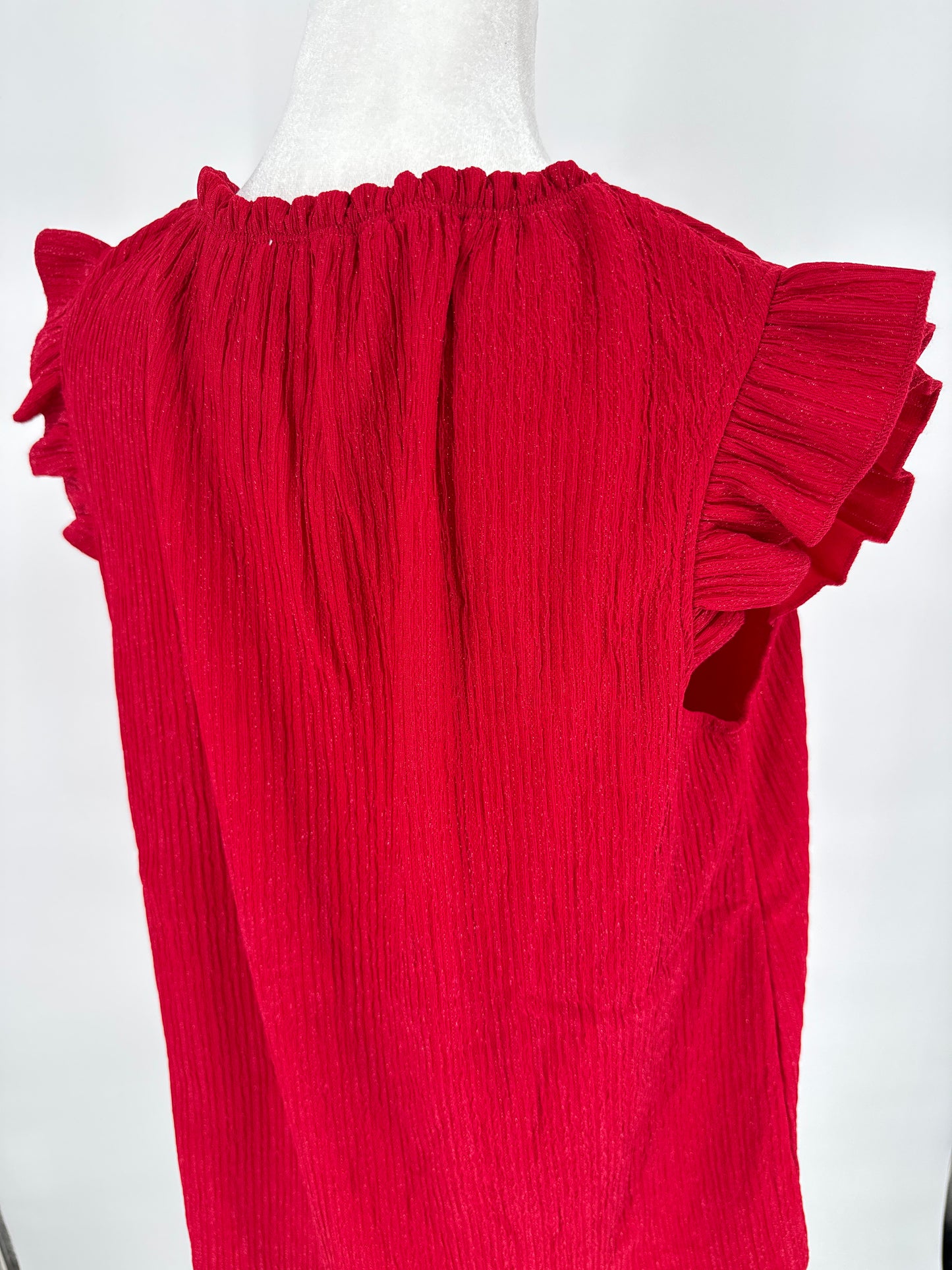 Red Sparkle Sleeveless Blouse with Shoulder Ruffles