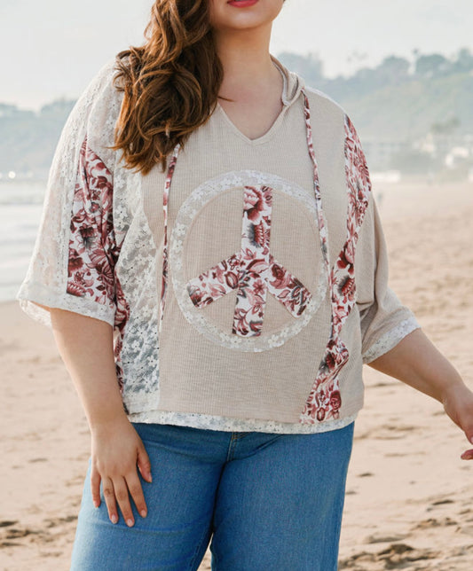 Peace Sign Lace Trimmed Top with Hood