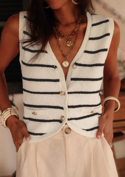 Ivory and Black Striped Sweater Vest with Gold Buttons
