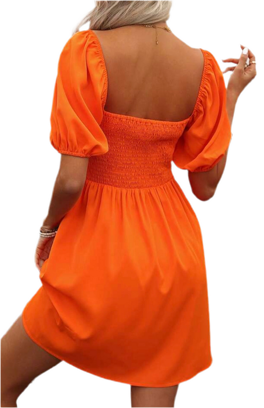 Orange Dress with Puff Sleeves and Elastic Back