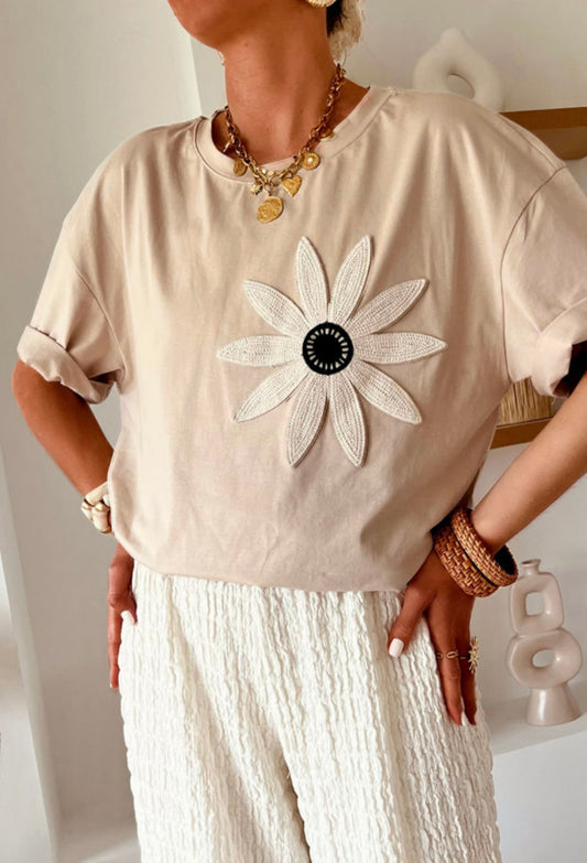 Crochet Flower Design Beige Top