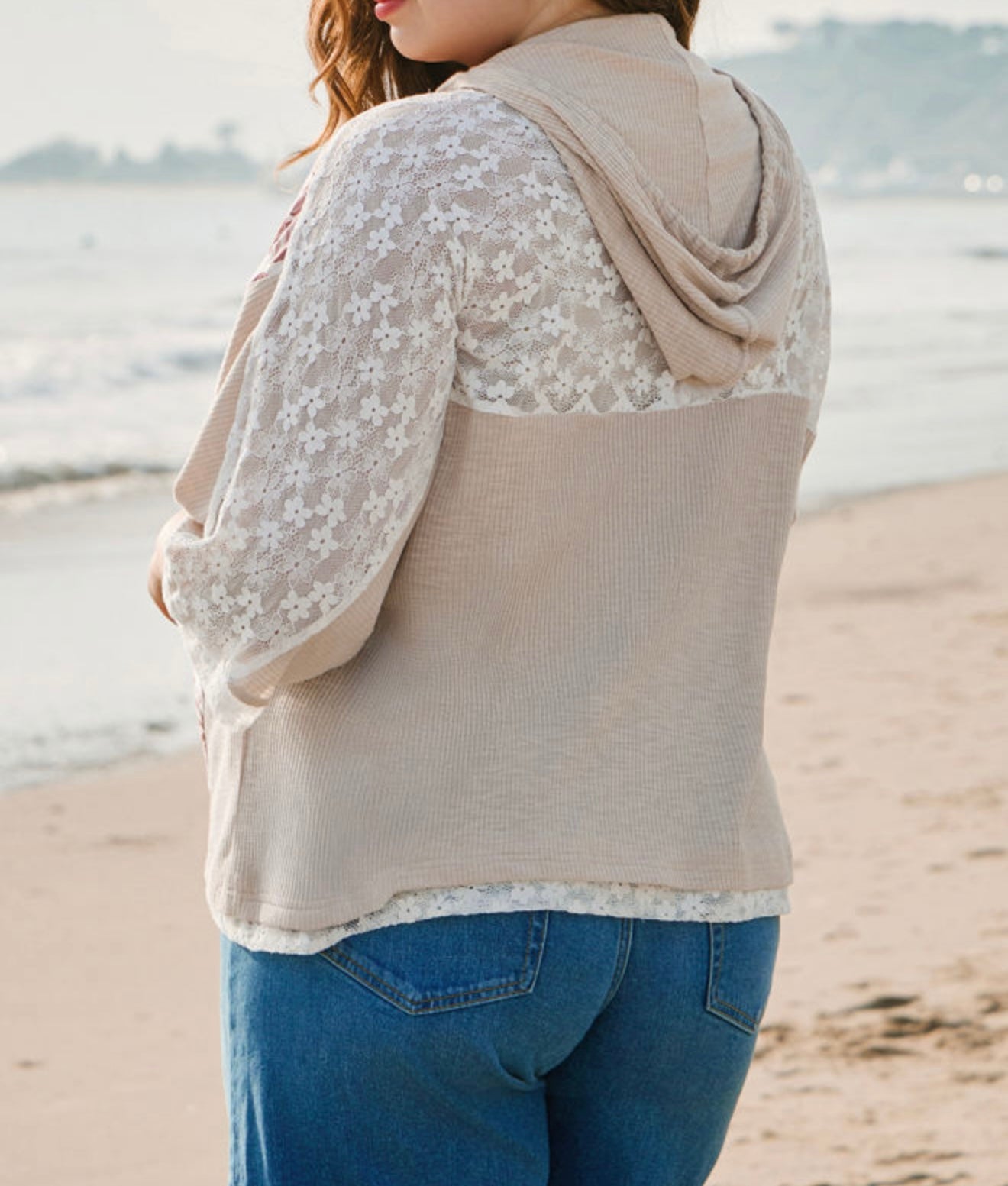 Peace Sign Lace Trimmed Top with Hood