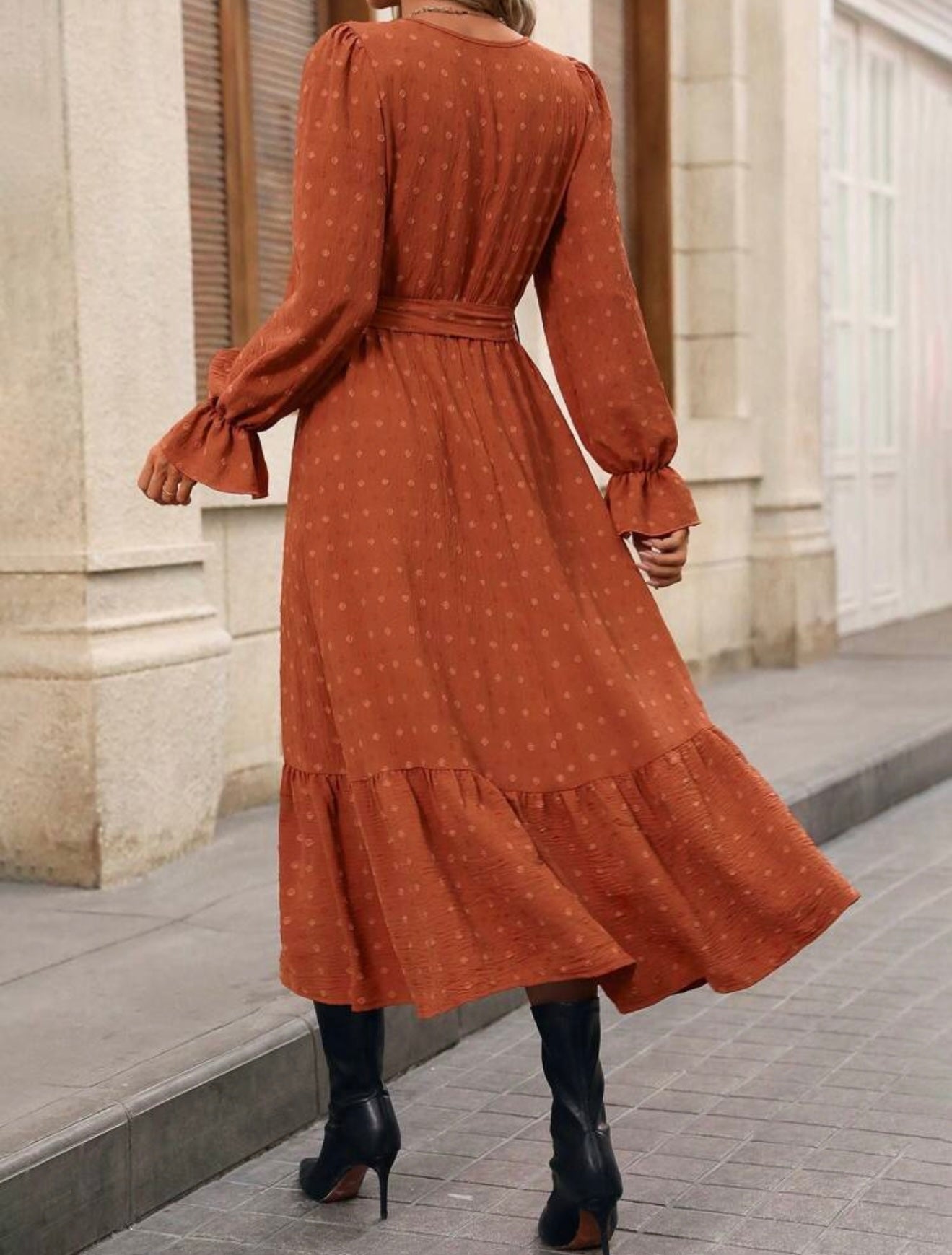 Long Sleeve Textured Rust Belted Dress